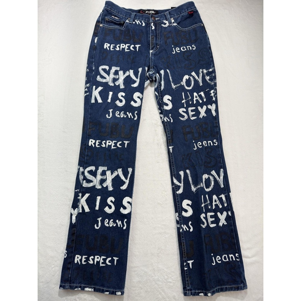 Vintage FUBU Jeans Womens W9/10 Blue Graffiti Print High Rise Straight Denim